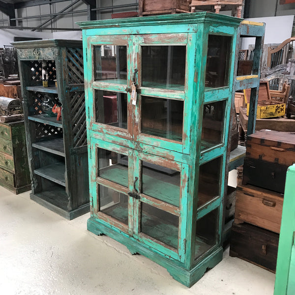 VINTAGE HAND PAINTED KITCHEN GLASS CABINET | TURQUOISE PATINA (H178cm | W116cm)