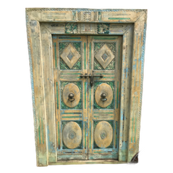 Antique Indian Hand Carved and Painted Teak Door (H213cm | W126cm)
