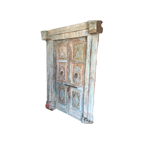 Antique Indian Hand Carved and Painted Teak Door (H226cm | W150cm)