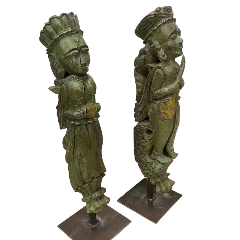RARE PAIR OF ANTIQUE INDIAN CARVED TEAK CORBELS ON STAND (H77CM | W16CM)
