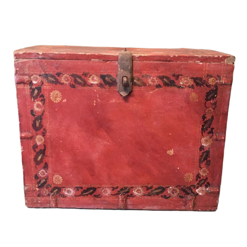 Vintage colourful hand painted red wood box with floral motif | 41104