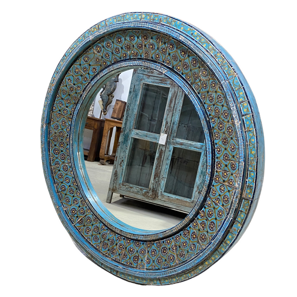 HAND PAINTED ROUND WALL MIRROR | TURQUOISE  Ø120CM