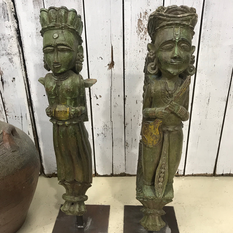 RARE PAIR OF ANTIQUE INDIAN CARVED TEAK CORBELS ON STAND (H77CM | W16CM)