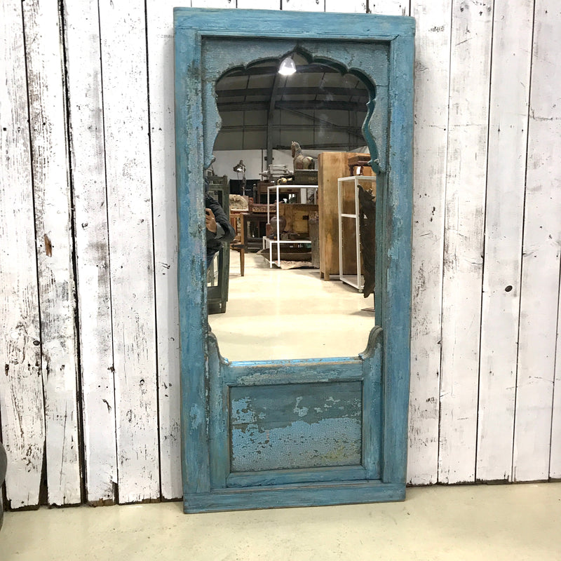 Antique Haveli Window Mirror Mihrab | Turquoise blue (H160cm | W76cm)