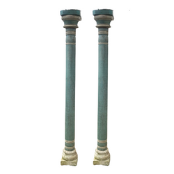 Pair of Indian Teak Pillars with Carved Stone Base (H235cm)