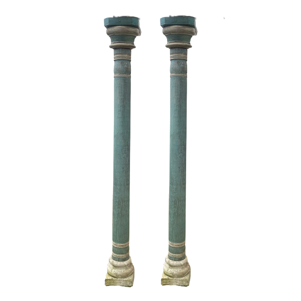 Pair of Indian Teak Pillars with Carved Stone Base (H235cm)