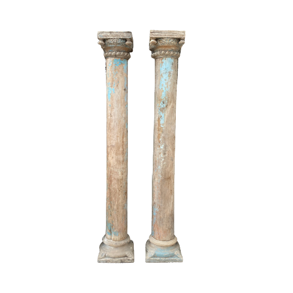 Large Pair of Indian Teak Pillars with Carved Stone Base (H 255cm x W45cm)