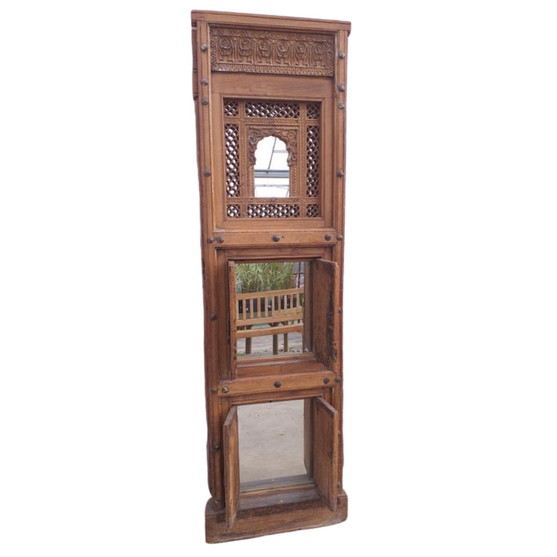 Antique Carved Teak Jali window upcycled Floor Standing Mirror (H177cm | W53cm )