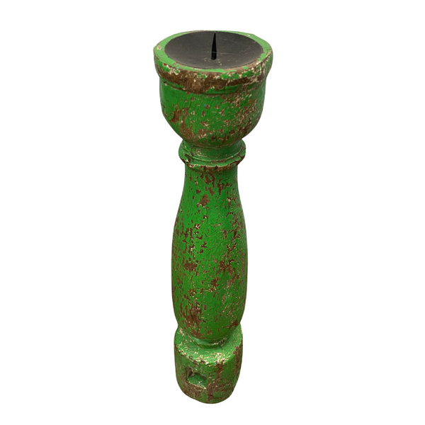 INDIAN TABLE LEG CANDLE HOLDER | GREEN PATINA (H53CM | DIAM 9CM)