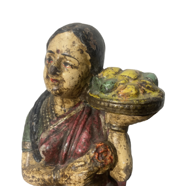 VINTAGE INDIAN HAND PAINTED TERRACOTTA FIGURINE WOMAN WITH FRUIT TRAY| H32CM