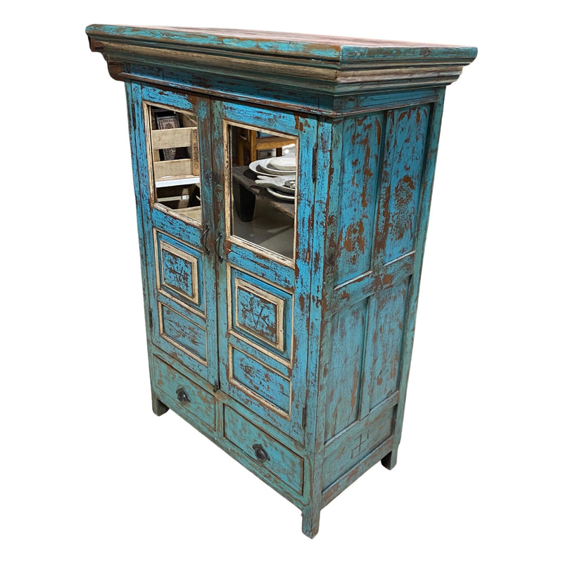 VINTAGE INDIAN MIRRORED PAINTED CABINET | BLUE TURQUOISE PATINA (H150CM | W106CM)