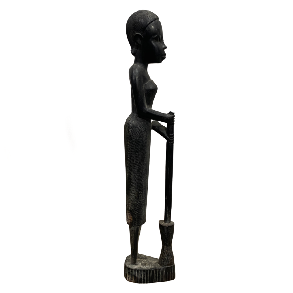 VINTAGE AFRICAN EBONY WOOD TRIBAL ART STATUE OF LADY & MORTAR