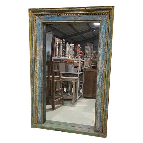 Upcycled vintage Indian door frame mirror, with blue and yellow patina