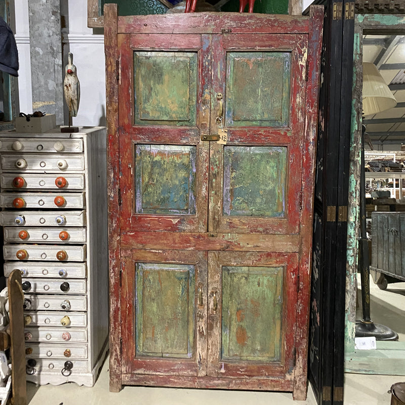 VINTAGE INDIAN HAND PAINTED CUPBOARD CABINET | Red & Green (H179CM | W93CM)