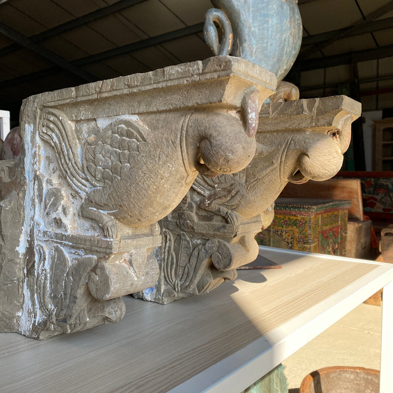 Pair of antique Indian carved stone corbels with parrot design •