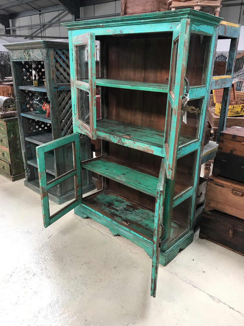 VINTAGE HAND PAINTED KITCHEN GLASS CABINET | TURQUOISE PATINA (H178cm | W116cm)