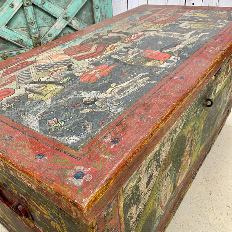 ANTIQUE INDIAN HAND PAINTED TEAK DOWRY CHEST