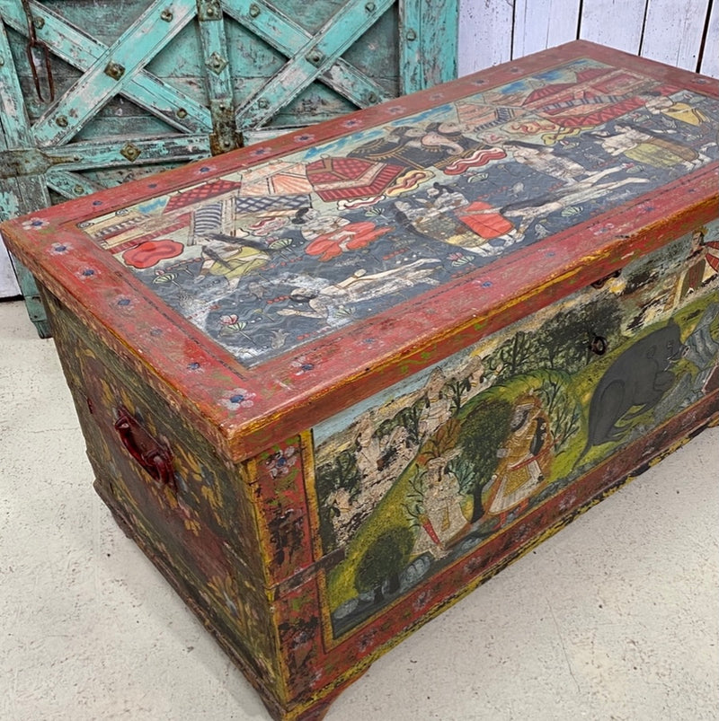 ANTIQUE INDIAN HAND PAINTED TEAK DOWRY CHEST