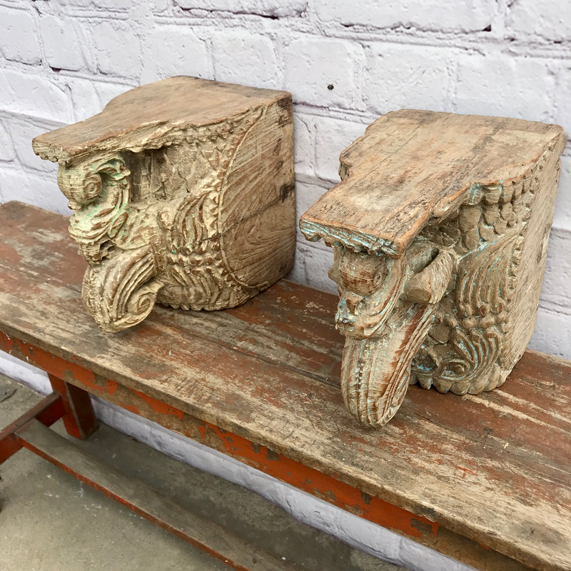 Pair of vintage Indian carved peacock architectural corbel | Price for each piece • Sold as a Pair