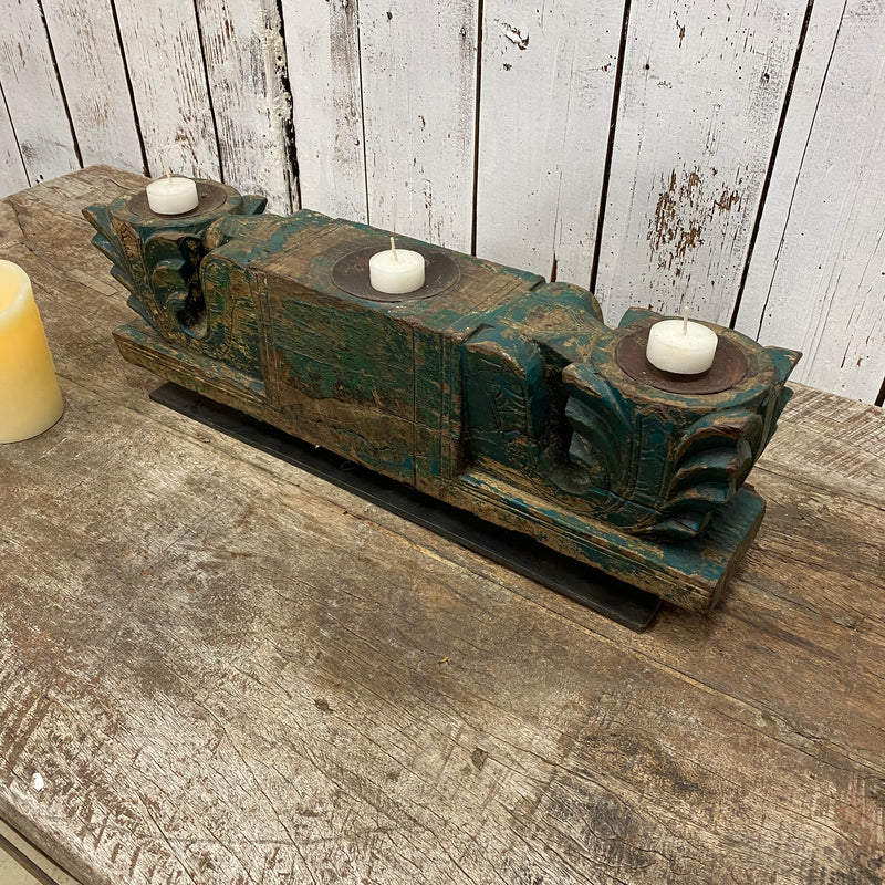 ANTQUE INDIAN CARVED TRIPLE CANDLE HOLDER | GREEN PATINA (W53CM | H17CM)