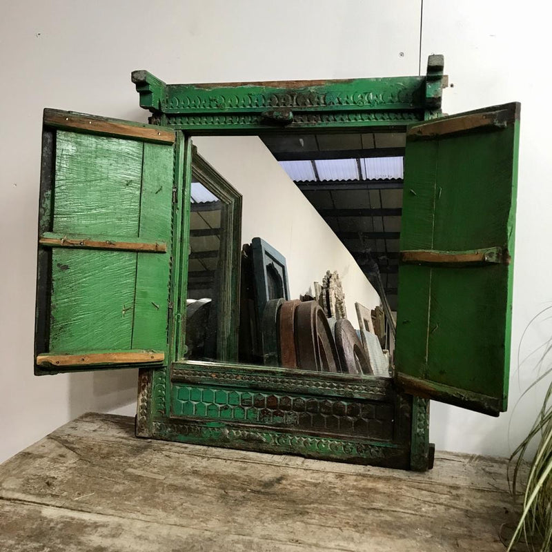 Upcycled Indian Window Mirror Bright Green (H66cm | W52cm)