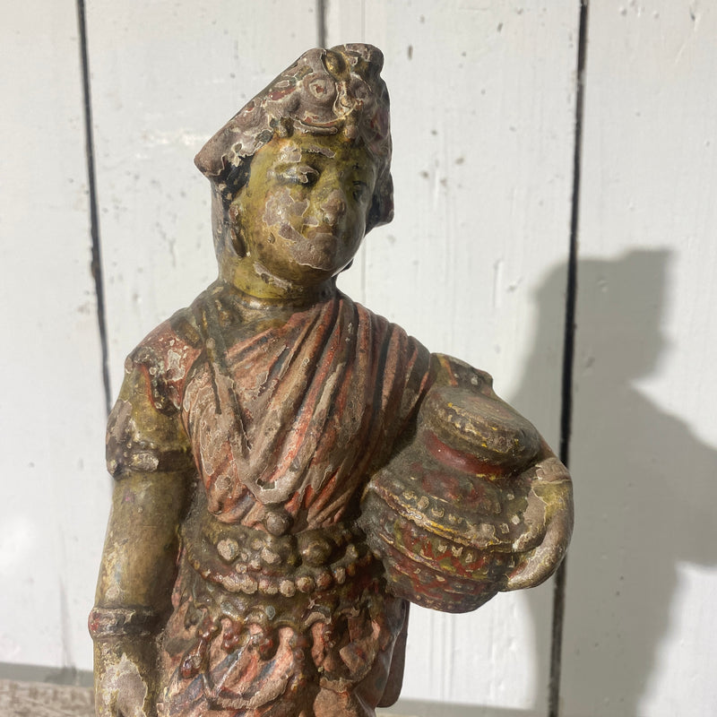 VINTAGE INDIAN HAND PAINTED TERRACOTTA LADY FIGURINE WITH WATERPOT | H31CM