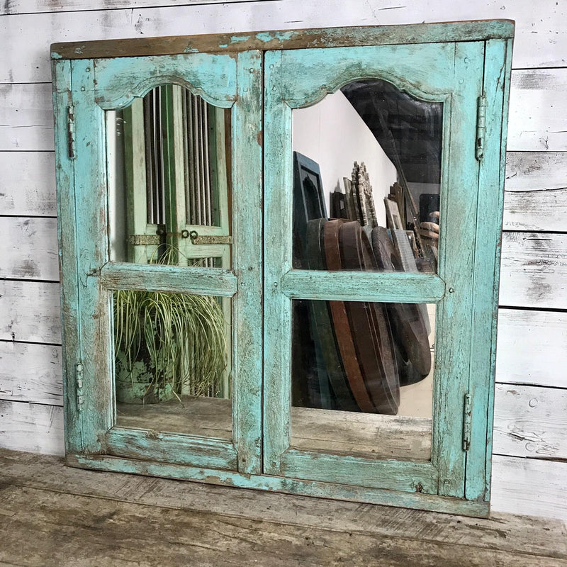 Upcycled Indian Window Mirror Turquoise (H87cm | W86.5cm)