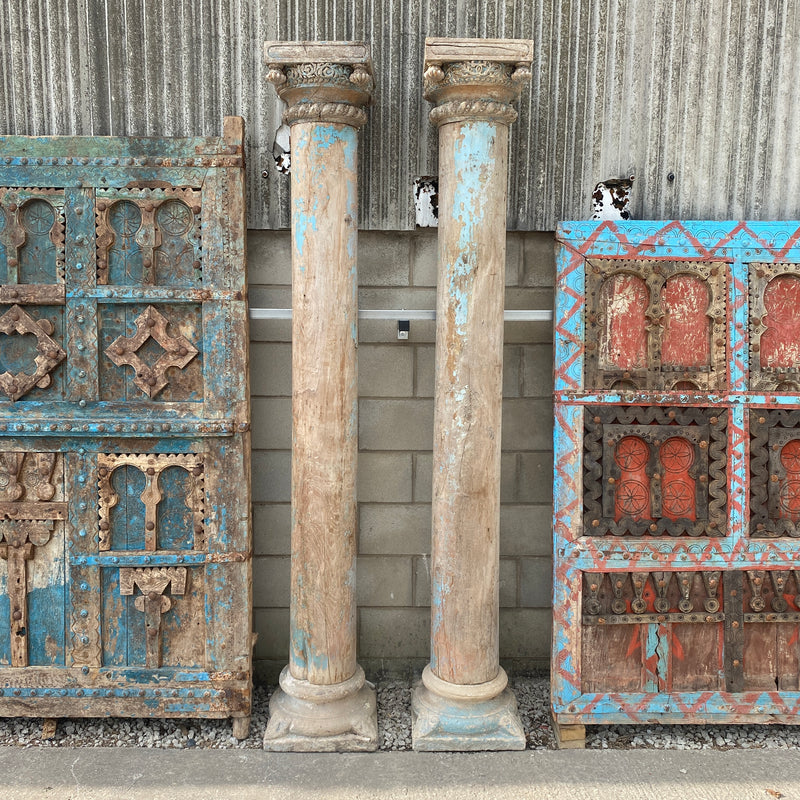 Large Pair of Indian Teak Pillars with Carved Stone Base (H 255cm x W45cm)