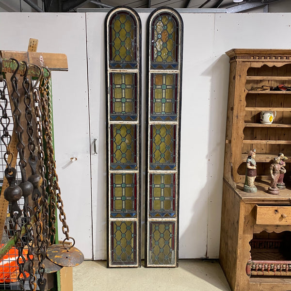 PAIR OF ANTIQUE STAINED GLASS ARCH WINDOWS (H250cm | W35cm)