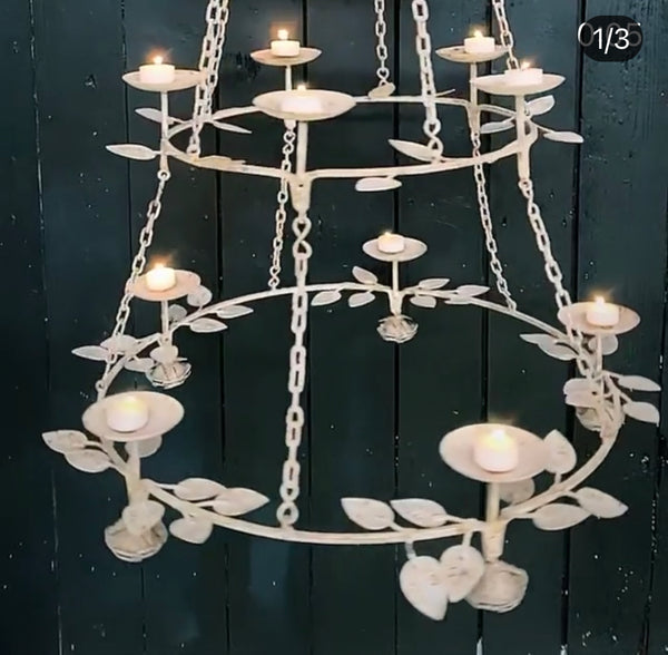 Vintage Wrought Iron 3-Tier Chandelier | White Patina