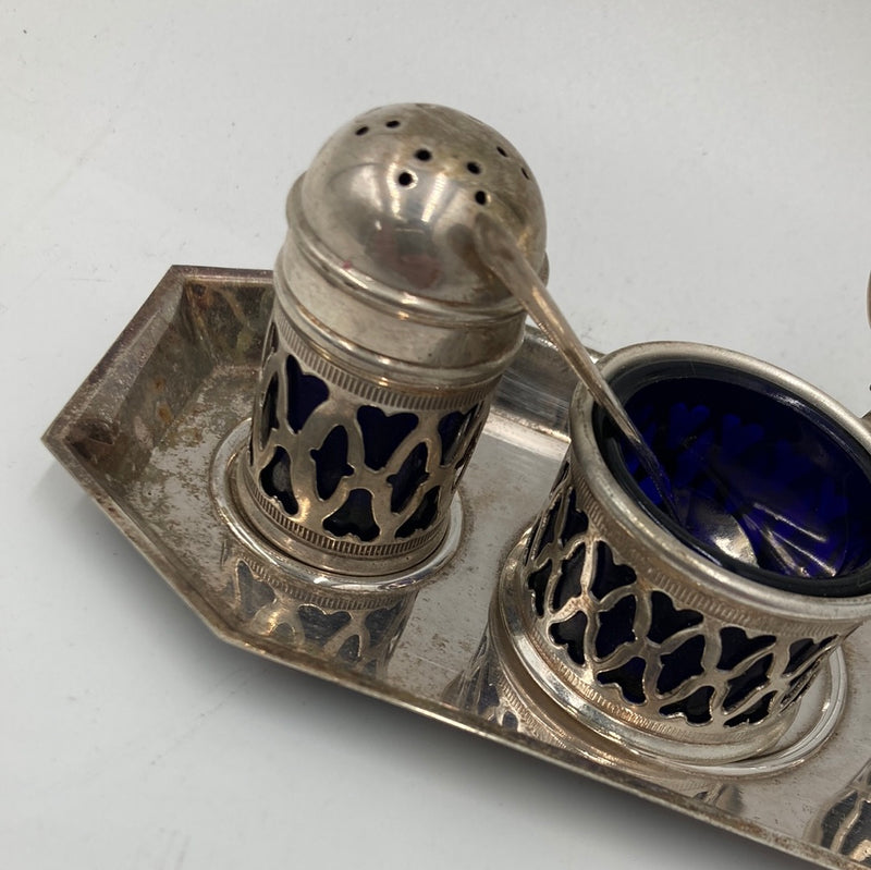 Vintage EPNS & Blue Glass Filigree Cruet Set on Tray