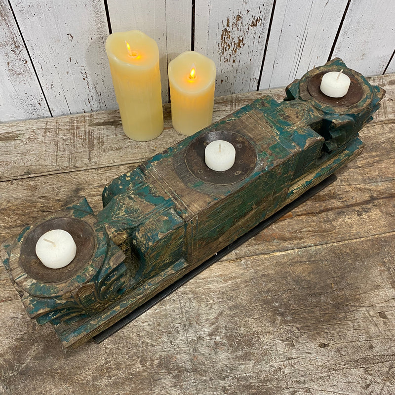 ANTQUE INDIAN CARVED TRIPLE CANDLE HOLDER | GREEN PATINA (W53CM | H17CM)