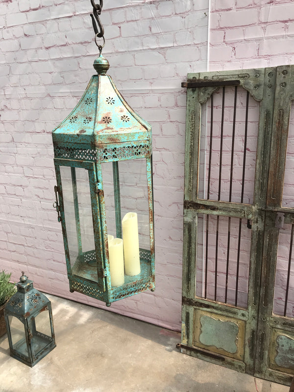 Vintage Indian Floor standing or hanging hurricane lantern | Turquoise (H74cm | 30cm)