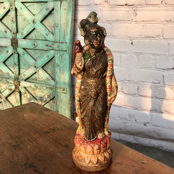 VINTAGE INDIAN HAND PAINTED TERRACOTTA FIGURINE WOMAN WITH PARROT & GARLAND| H34CM