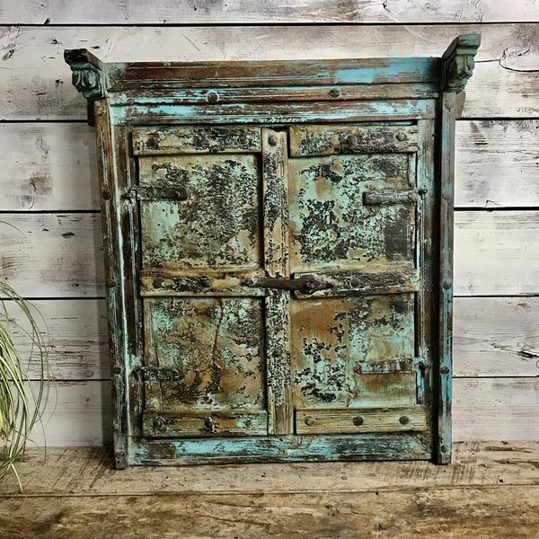 Upcycled Indian Window Mirror Turquoise (H61cm | W54cm)