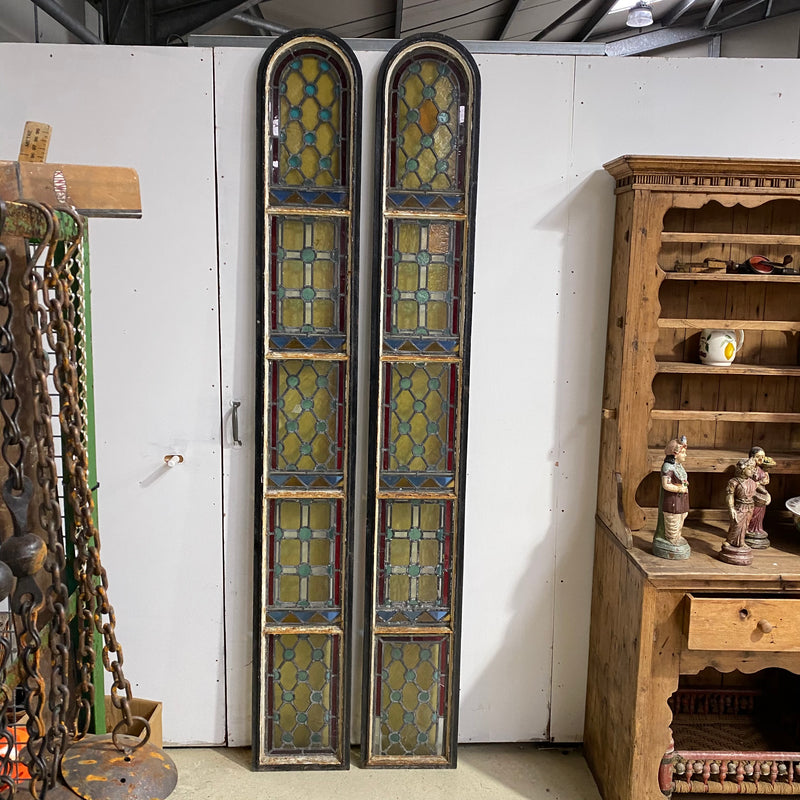 PAIR OF ANTIQUE STAINED GLASS ARCH WINDOWS (H250cm | W35cm)