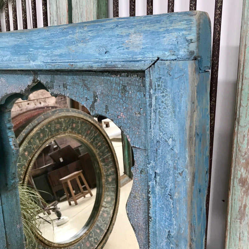 Antique Haveli Window Mirror Mihrab | Turquoise blue (H160cm | W76cm)