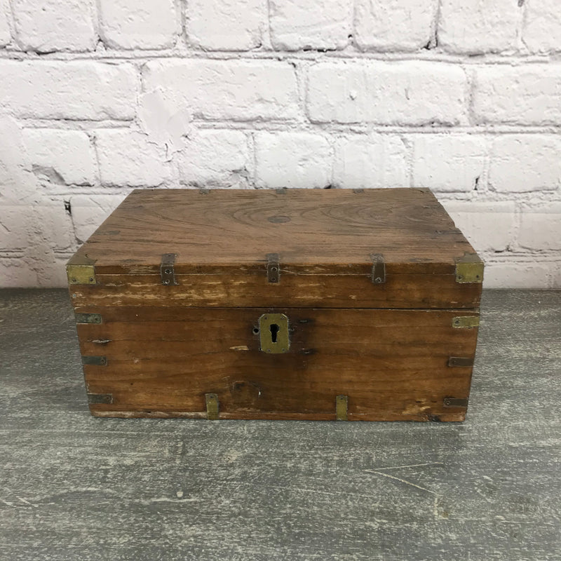 ANTIQUE INDIAN BRASS BANDED DOWRY DESK JEWELLERY BOX
