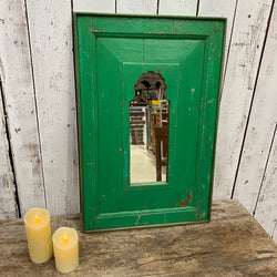 HAND CARVED INDIAN MIHRAB MIRROR | GREEN PATINA (H78CM | W51CM)