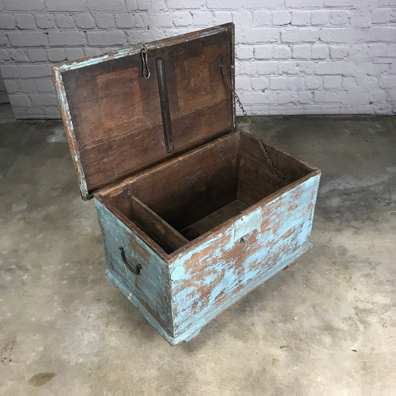 Vintage Indian blue painted teak chest on wheels (W68cm | H44cm)