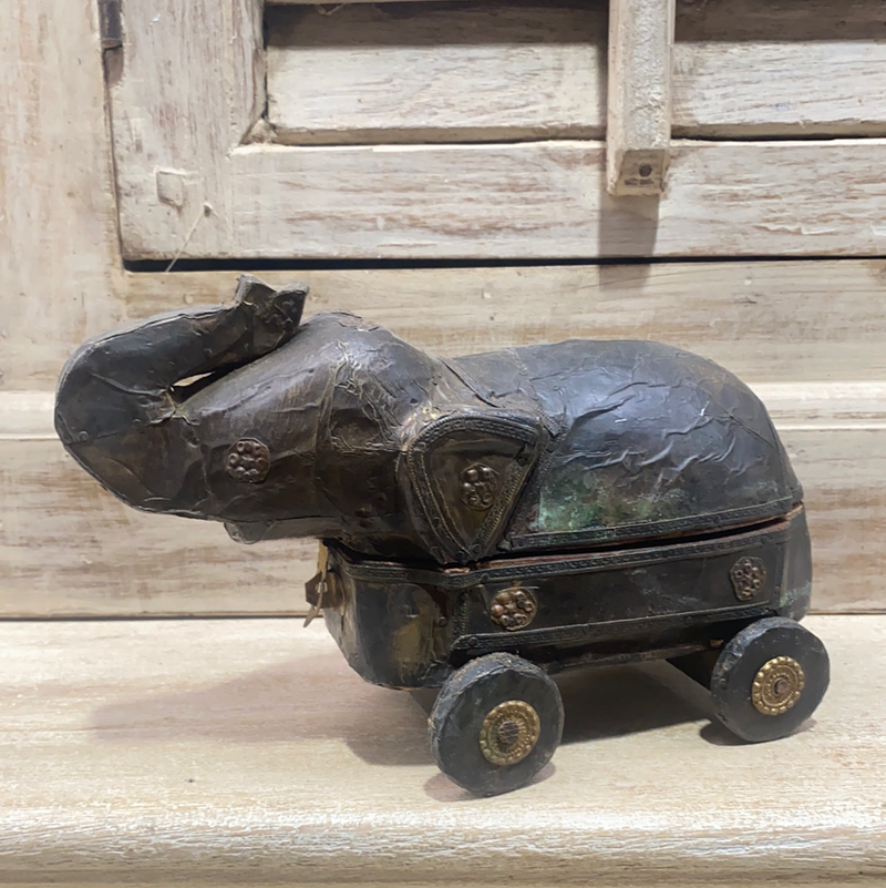 Vintage Copper Foiled Elephant Wood and Brass Toy Trinket Box on Wheels (W22cm | H14cm | D11cm)