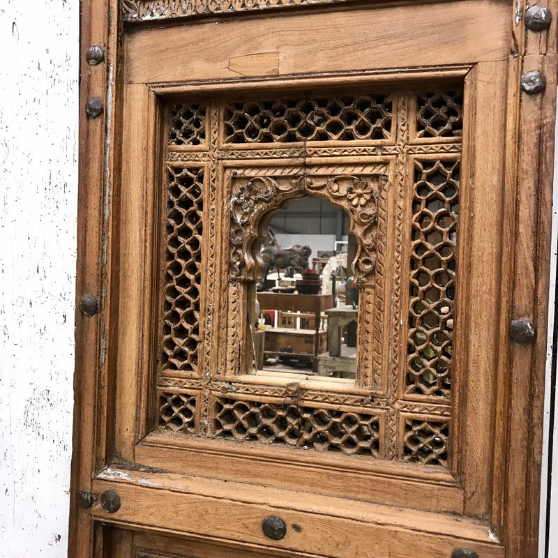 Antique Carved Teak Jali window upcycled Floor Standing Mirror (H177cm | W53cm )