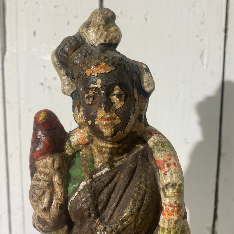VINTAGE INDIAN HAND PAINTED TERRACOTTA FIGURINE WOMAN WITH PARROT & GARLAND| H34CM