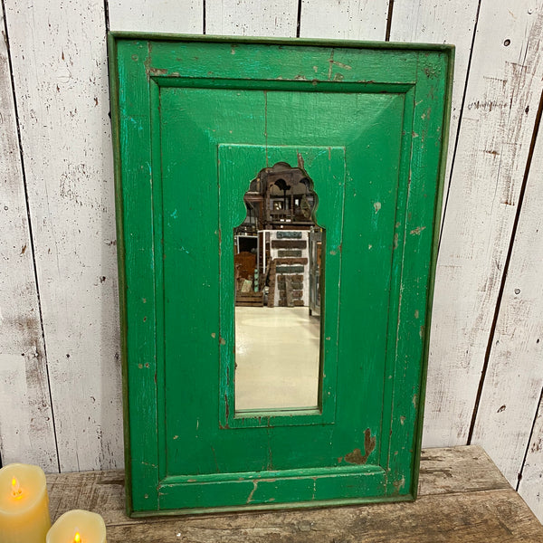 HAND CARVED INDIAN MIHRAB MIRROR | GREEN PATINA (H78CM | W51CM)