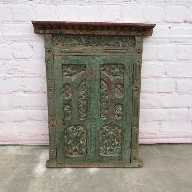 Old Indian carved window shutter | Green patina
