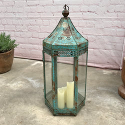 Vintage Indian Floor standing or hanging hurricane lantern | Turquoise (H74cm | 30cm)