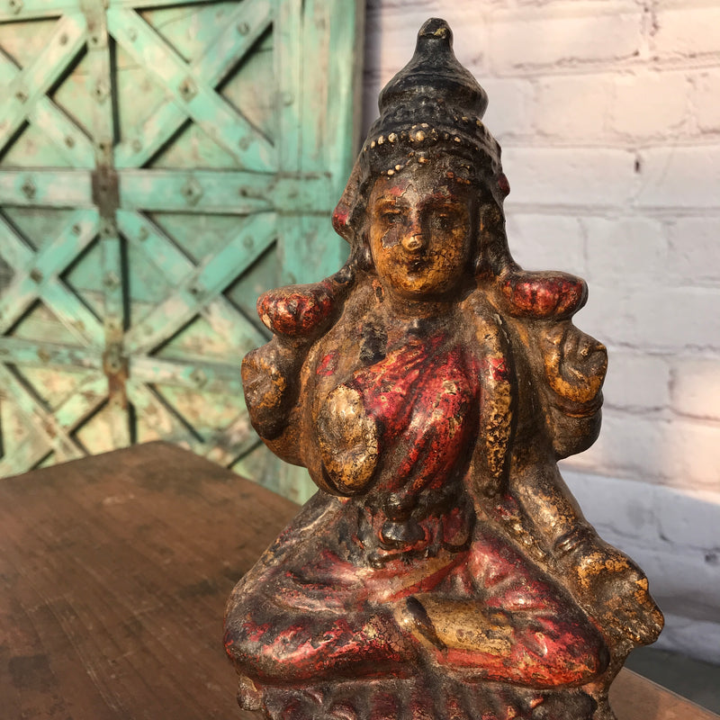 VINTAGE INDIAN HAND PAINTED TERRACOTTA FIGURINE IN LOTUS POSITION | H28CM
