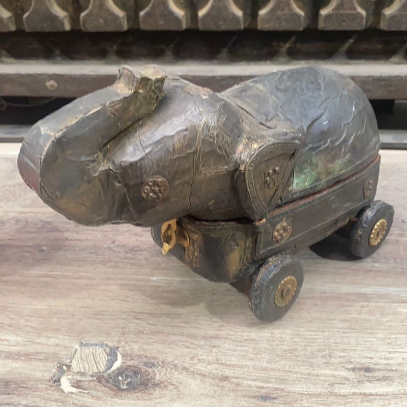 Vintage Copper Foiled Elephant Wood and Brass Toy Trinket Box on Wheels (W22cm | H14cm | D11cm)
