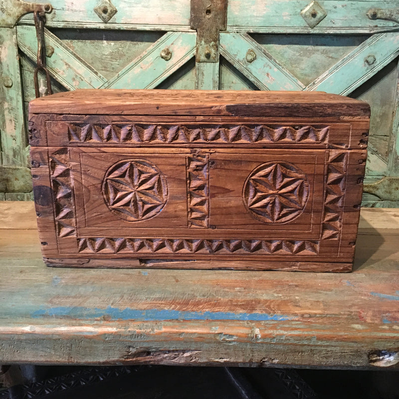 ANTIQUE CARVED TRIBAL DOWRY BOX INDIA | DESK & JEWELLERY BOX