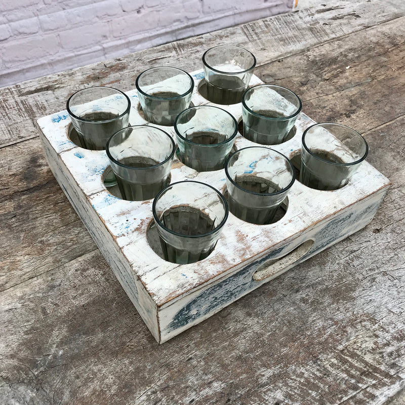 HAND PAINTED INDIAN WOODEN TRAY WITH 9 LASSI GLASSES (W29CM | H29CM)